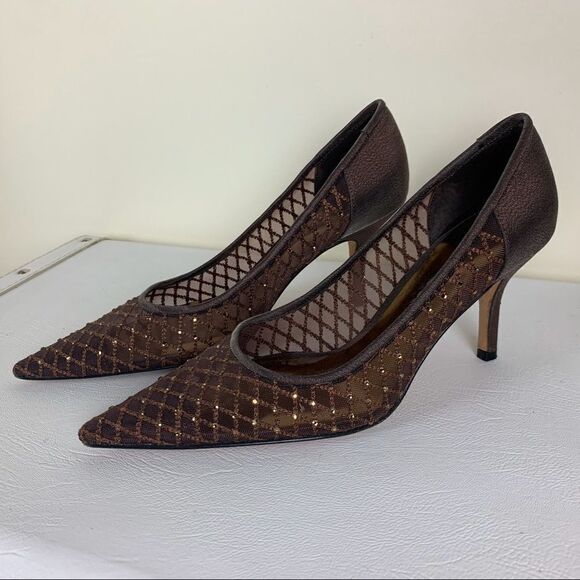 Nina Brown Sheer and Sparkle Pointed‎ Toe Evening Heels Sz 5.5 - Picture 1 of 6